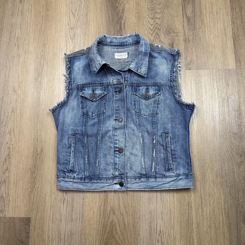 Denim & Supply Ralph Lauren Vest Womens L Blue Denim USA Flag Biker Patriotic